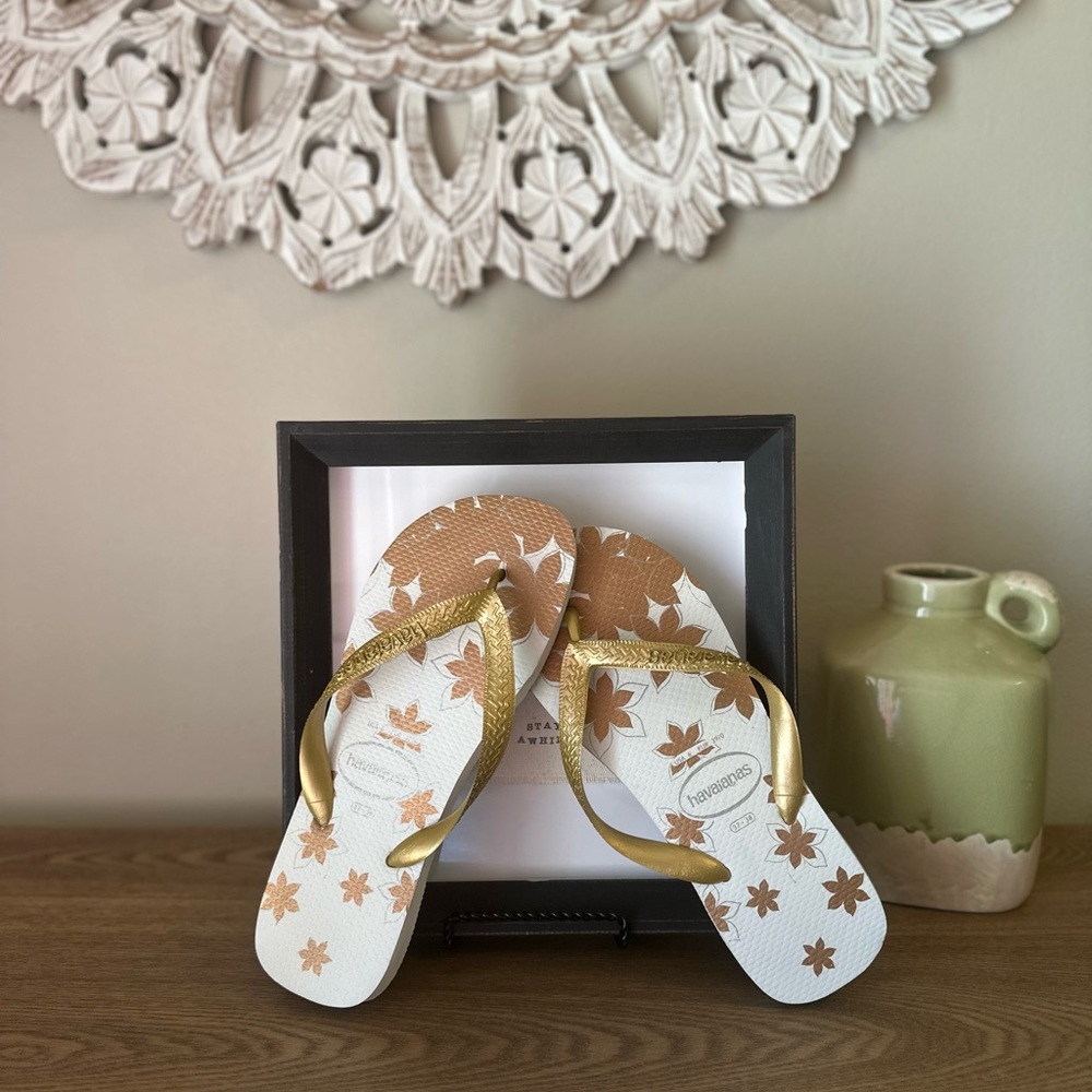 Havaianas Floral Flip Flops with Gold Straps